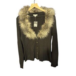 Garnet Hill Black Wool Cardigan With Faux Fur Detachable Collar Size M NWOT